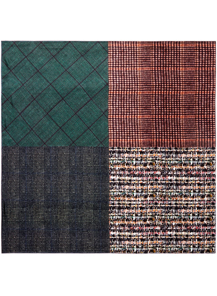 JANE CARR The Bouclé Square in Forest, green multicolour printed silk twill scarf – flat