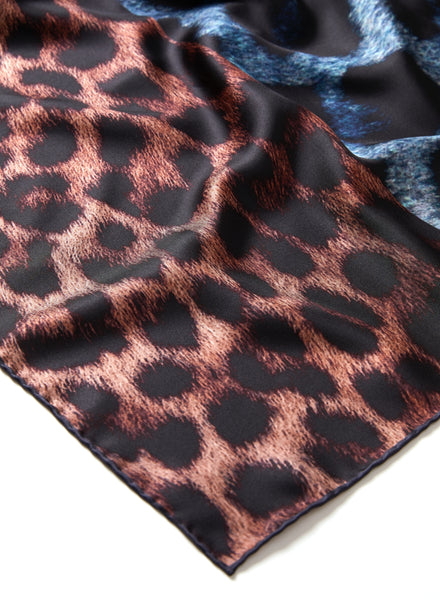 JANE CARR The Big Cat Square in Midnight, blue and neutral printed silk twill scarf – detail