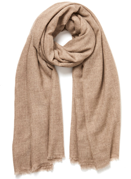 JANE CARR The Fray Wrap in Taupe, taupe woven pure cashmere scarf – tied