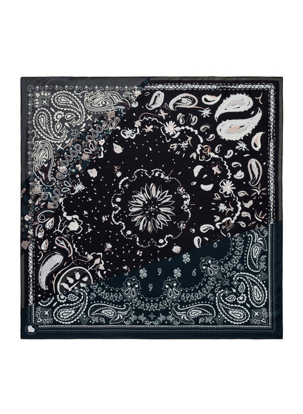 JANE CARR The Ranch Foulard in Black, black printed silk twill scarf – flat