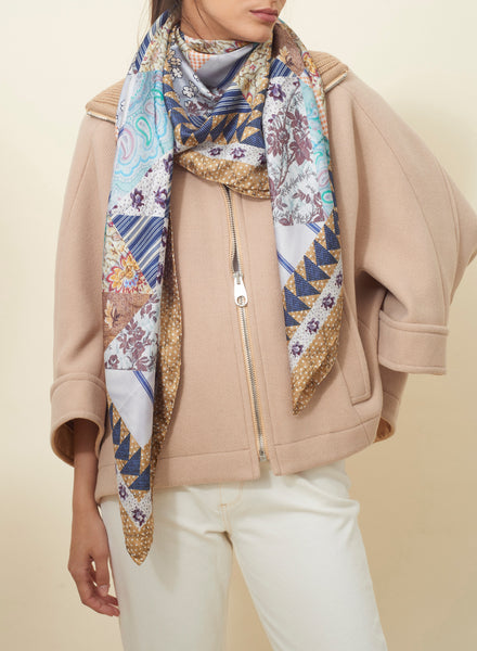 JANE CARR The Prairie Square in Bronze, neutral multicolour printed silk twill scarf – model 1