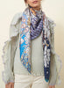 JANE CARR The Mirage Square in Mid Blue, blue multicolour printed silk twill scarf – model 1