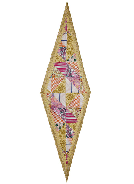 JANE CARR The Prairie Necker in Grape, pink and gold multicolour printed diamond silk twill scarf – flat