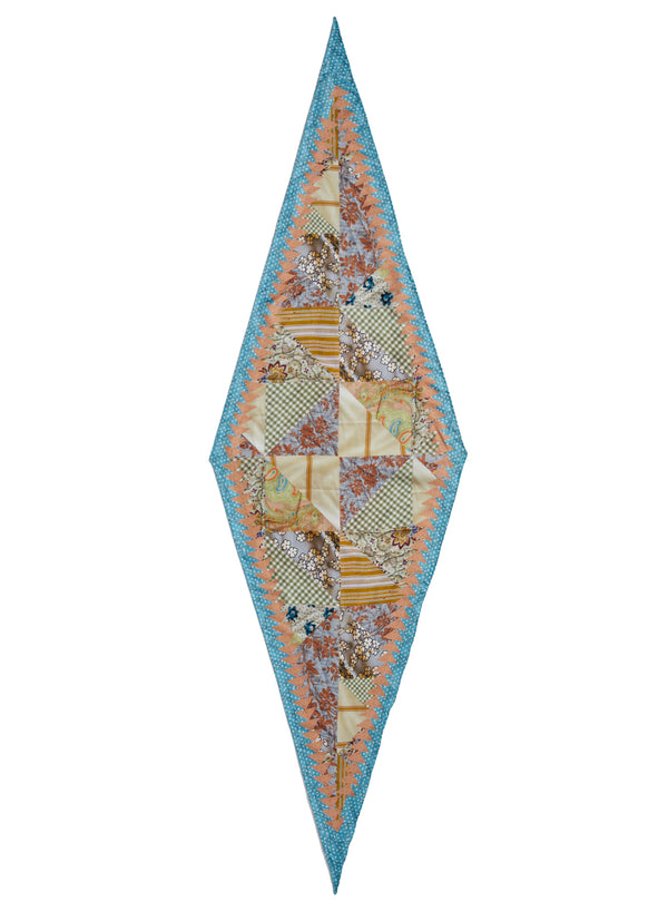 JANE CARR The Prairie Necker in Pacific, blue multicolour diamond printed silk twill scarf – flat