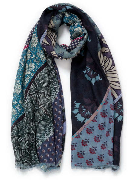 JANE CARR The Puzzle Wrap in Lagoon, blue multicolour printed modal and cashmere scarf – tied