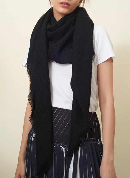 JANE CARR The Tile Square in Black, black checked cashmere scarf with metallic lurex – model