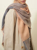 JANE CARR The Jenga Square in Apricot, peach multicolour checked lambswool scarf – model 2
