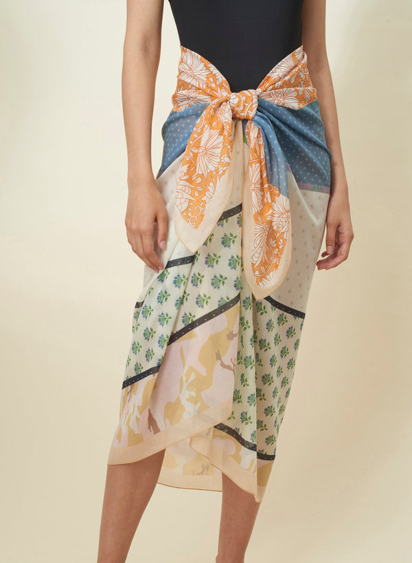 JANE CARR The Puzzle Pareo in Ice Cream, orange multicolour printed cotton and silk blend scarf – model 1