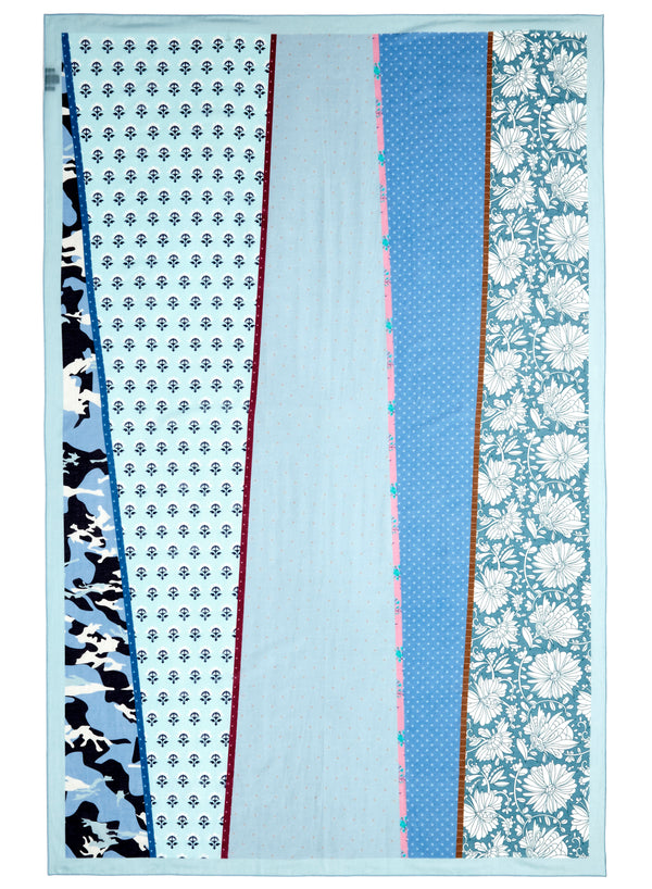 JANE CARR The Puzzle Pareo in Mid Blue, blue multicolour printed cotton and silk-blend pareo – flat