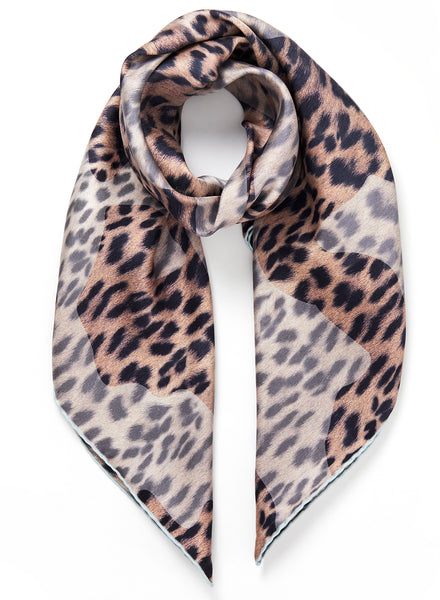 JANE CARR The Cub Foulard in Smoke, taupe grey printed silk twill scarf – tied