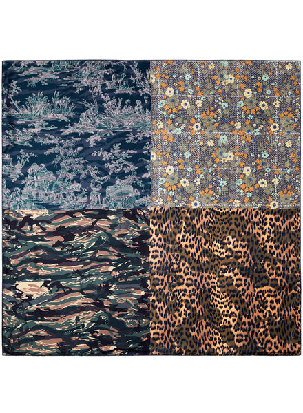 JANE CARR The Medley Square in Army Green, khaki green multicolour printed silk twill scarf – flat