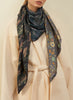 JANE CARR The Medley Square in Army Green, khaki green multicolour printed silk twill scarf – model 1