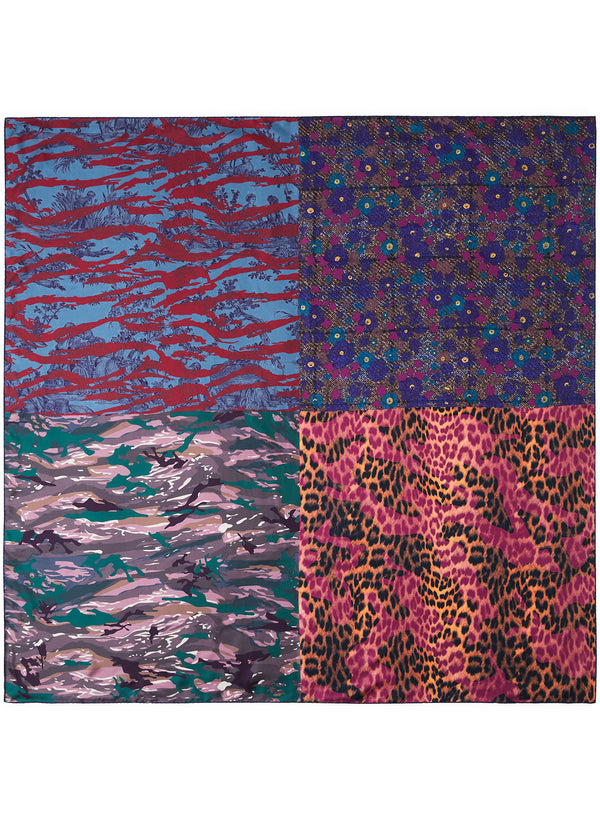 JANE CARR The Medley Square in Claret, multicolour printed silk twill scarf – flat