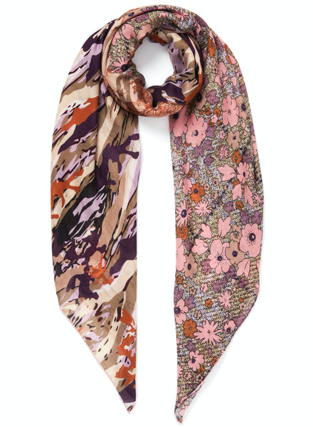 JANE CARR The Medley Square in Rose, pink multicolour printed modal and cashmere scarf – tied