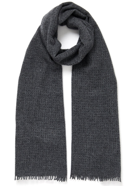 JANE CARR The Meribel Scarf in Granite, dark grey grid woven cashmere scarf  – tied