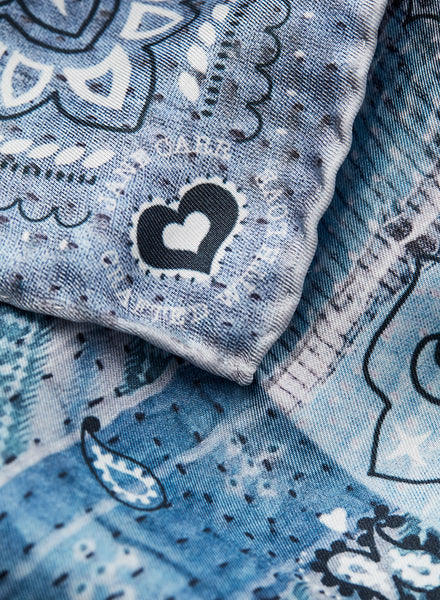 JANE CARR The Atlas Petit Foulard in Storm, blue printed silk twill scarf – detail