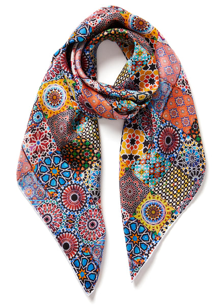 The Bazaar Foulard, pink multicolour printed silk twill scarf – flat