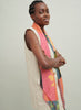 The Paradise Square, orange, pink and blue printed modal cashmere-blend scarf – model 1