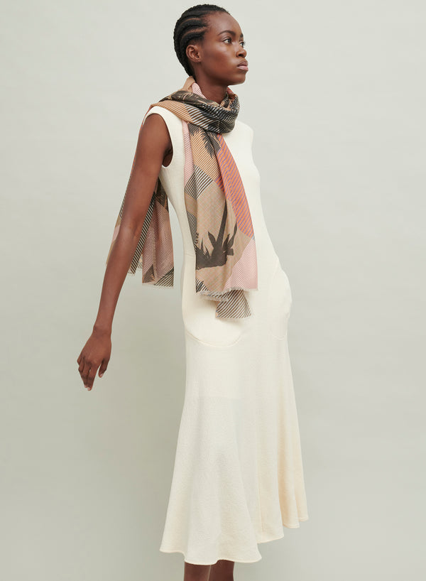 The Paradise Wrap, pink and neutral printed modal cashmere-blend scarf – model
