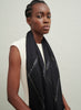 The Lattice Square, black cashmere scarf with metallic check – model