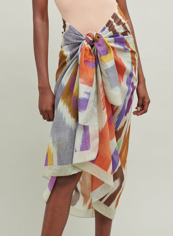 The Ikat Pareo, neutral multicolour printed cotton and silk-blend pareo – model 1